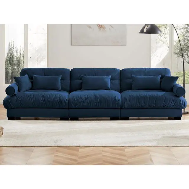 Alt view image 3 of 6 - 130" W Modular Sectional Sofa, Oversized 3-Seater Couch with Waist & Throw Pillows, Comfy Velvet Deep Seat Upholstered Sofa for Living Room, Apartment & Bedroom (Blue, 3-Seater)