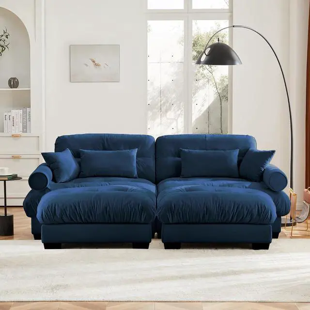 Alt view image 3 of 6 - 93.7" Oversized Loveseat Sofa with 2 Ottomans, Modern Velvet 2-Seat Couch with Waist & Throw Pillows, Upholstered Deep Seat Cloud Couch for Living Room, Bedroom(Blue,2 Seater with 2 Ottomans)