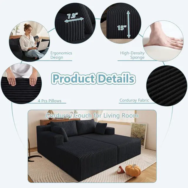 Alt view image 4 of 7 - 71"Oversized Chaise Lounge Chair,Sectional Double Lounge Chaise with Pillows, Upholstered Corduroy Boneless Lounge Chair, Fluffy Modern Loveseat Sleeper Sofa for Living Room or Bedroom (Black)