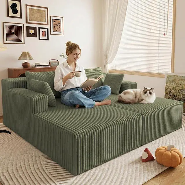 Main image of 71"Oversized Chaise Lounge Chair,Sectional Double Lounge Chaise with Pillows, Upholstered Corduroy Boneless Lounge Chair, Fluffy Modern Loveseat Sleeper Sofa for Living Room or Bedroom(Green)