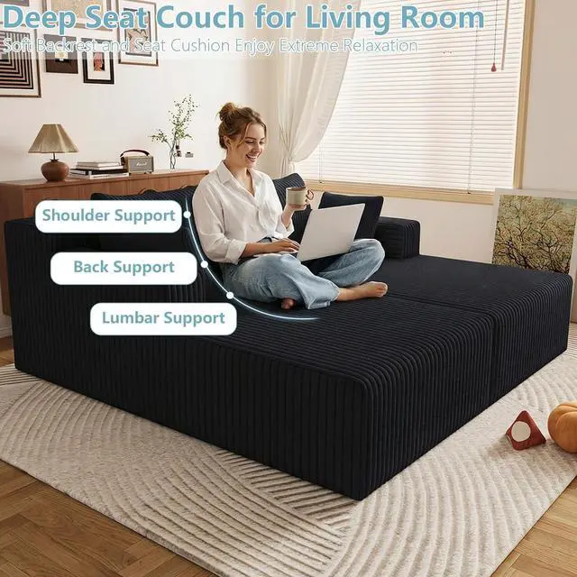 Alt view image 5 of 7 - 71"Oversized Chaise Lounge Chair,Sectional Double Lounge Chaise with Pillows, Upholstered Corduroy Boneless Lounge Chair, Fluffy Modern Loveseat Sleeper Sofa for Living Room or Bedroom (Black)