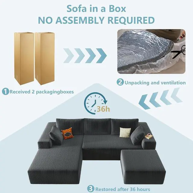 Alt view image 6 of 6 - 96" U Shaped Cloud Sectional Couch with Fluffy Corduroy, Deep Memory Foam Seats Sofa with 1 Ottoman for Living Room, No Assembly Required(Dark Grey,Left-Facing Chaise)