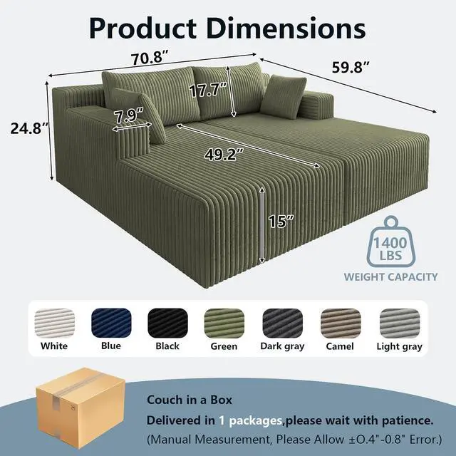 Alt view image 2 of 7 - 71"Oversized Chaise Lounge Chair,Sectional Double Lounge Chaise with Pillows, Upholstered Corduroy Boneless Lounge Chair, Fluffy Modern Loveseat Sleeper Sofa for Living Room or Bedroom(Green)