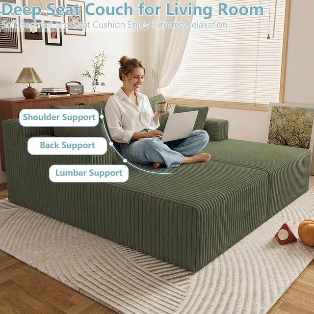 Alt view image 5 of 7 - 71"Oversized Chaise Lounge Chair,Sectional Double Lounge Chaise with Pillows, Upholstered Corduroy Boneless Lounge Chair, Fluffy Modern Loveseat Sleeper Sofa for Living Room or Bedroom(Green)