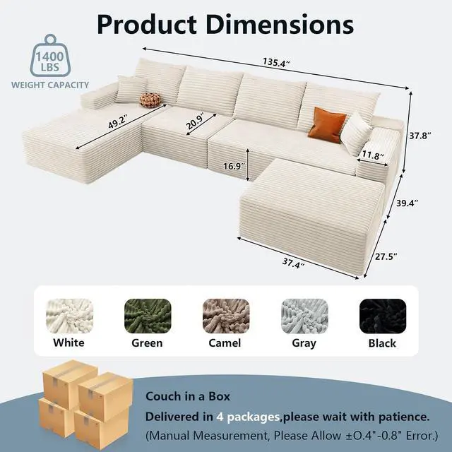 Alt view image 2 of 7 - 136" U Shaped Cloud Sectional Couch with Fluffy Corduroy, Deep Memory Foam Seats Sofa with 1 Ottoman for Living Room, No Assembly Required(White,Left-Facing Chaise)