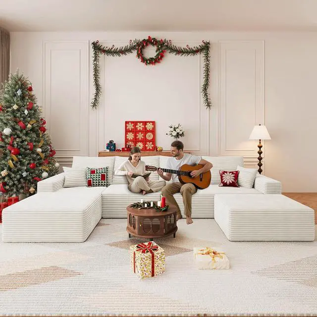 Alt view image 3 of 7 - 136" U Shaped Cloud Sectional Couch with Fluffy Corduroy, Deep Memory Foam Seats Sofa with 1 Ottoman for Living Room, No Assembly Required(White,Left-Facing Chaise)