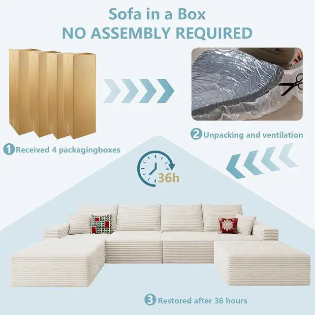 Alt view image 7 of 7 - 136" U Shaped Cloud Sectional Couch with Fluffy Corduroy, Deep Memory Foam Seats Sofa with 1 Ottoman for Living Room, No Assembly Required(White,Left-Facing Chaise)