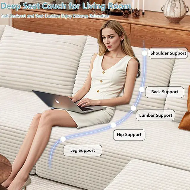 Alt view image 6 of 7 - 136" U Shaped Cloud Sectional Couch with Fluffy Corduroy, Deep Memory Foam Seats Sofa with 1 Ottoman for Living Room, No Assembly Required(White,Left-Facing Chaise)