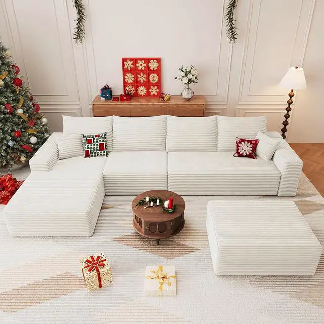 Alt view image 5 of 7 - 136" U Shaped Cloud Sectional Couch with Fluffy Corduroy, Deep Memory Foam Seats Sofa with 1 Ottoman for Living Room, No Assembly Required(White,Left-Facing Chaise)