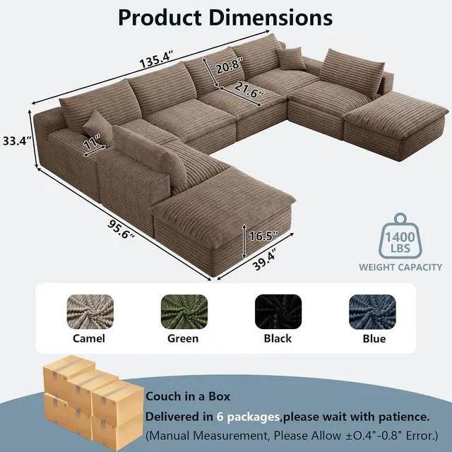 Alt view image 6 of 7 - 136" Cloud Sectional Couch with U-Shaped Chaise,6-Seater Corduroy Viral Boneless Sofa with Ottoman,Memory Foam Couches in a Box with Deep Seat for Living Room,No Assembly Required, Camel