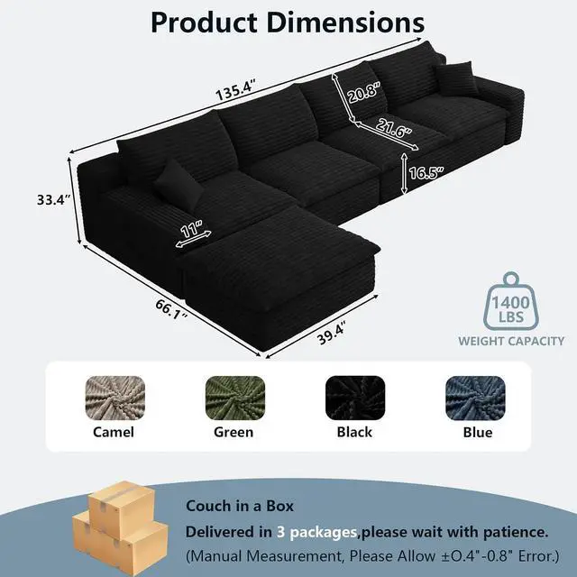 Alt view image 2 of 7 - 136" Cloud Sectional Couch with L-Shaped Chaise,4-Seater Corduroy Viral Boneless Sofa with Ottoman,Memory Foam Couches in a Box with Deep Seat for Living Room,No Assembly Required, Black