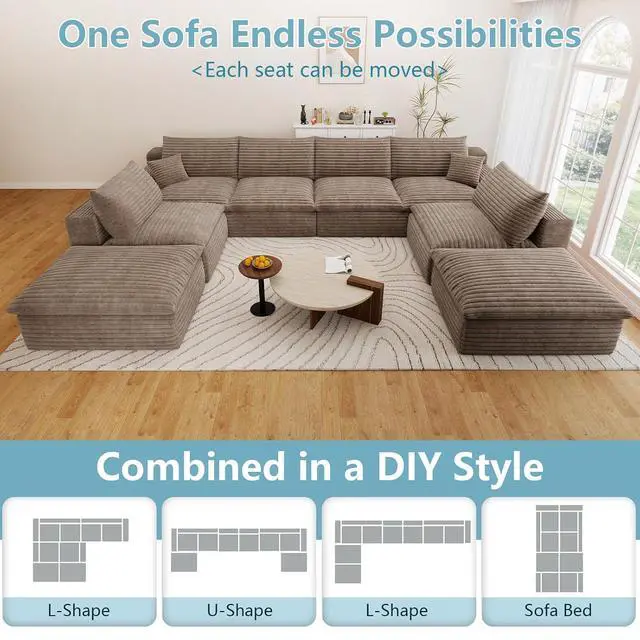 Alt view image 5 of 7 - 136" Cloud Sectional Couch with U-Shaped Chaise,6-Seater Corduroy Viral Boneless Sofa with Ottoman,Memory Foam Couches in a Box with Deep Seat for Living Room,No Assembly Required, Camel