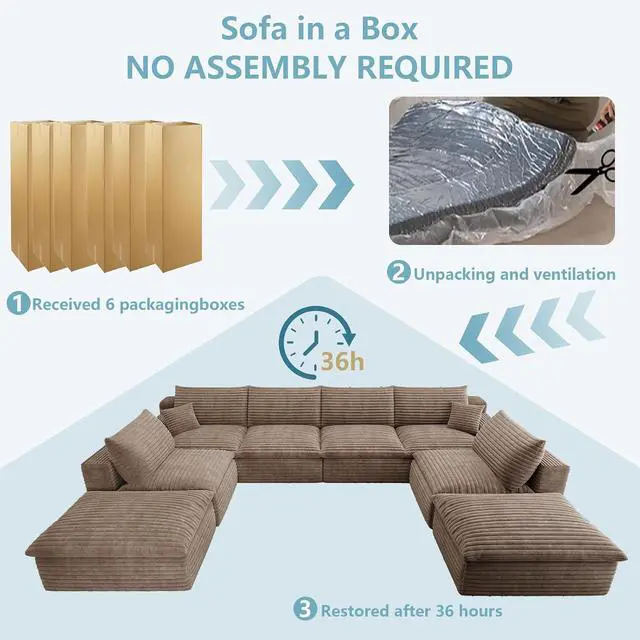 Alt view image 7 of 7 - 136" Cloud Sectional Couch with U-Shaped Chaise,6-Seater Corduroy Viral Boneless Sofa with Ottoman,Memory Foam Couches in a Box with Deep Seat for Living Room,No Assembly Required, Camel
