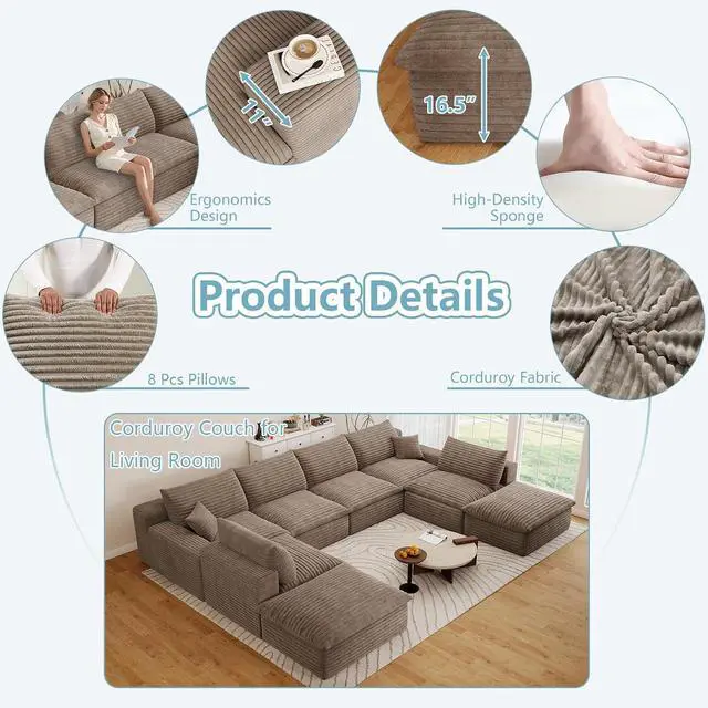 Alt view image 4 of 7 - 136" Cloud Sectional Couch with U-Shaped Chaise,6-Seater Corduroy Viral Boneless Sofa with Ottoman,Memory Foam Couches in a Box with Deep Seat for Living Room,No Assembly Required, Camel