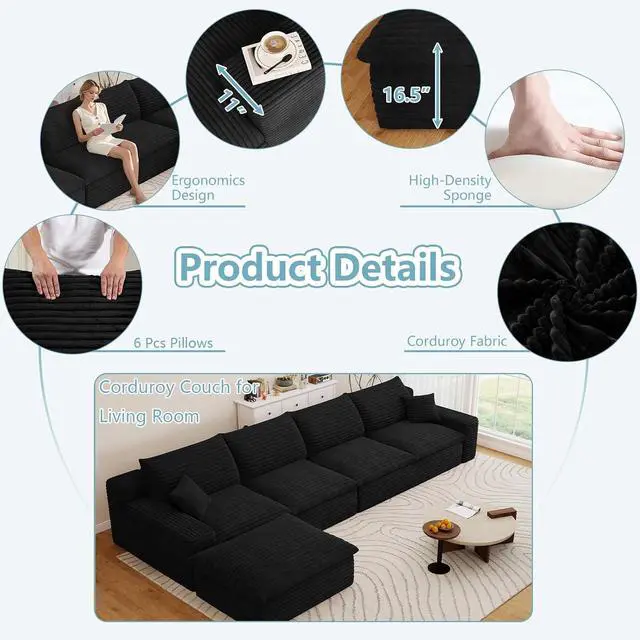 Alt view image 3 of 7 - 136" Cloud Sectional Couch with L-Shaped Chaise,4-Seater Corduroy Viral Boneless Sofa with Ottoman,Memory Foam Couches in a Box with Deep Seat for Living Room,No Assembly Required, Black
