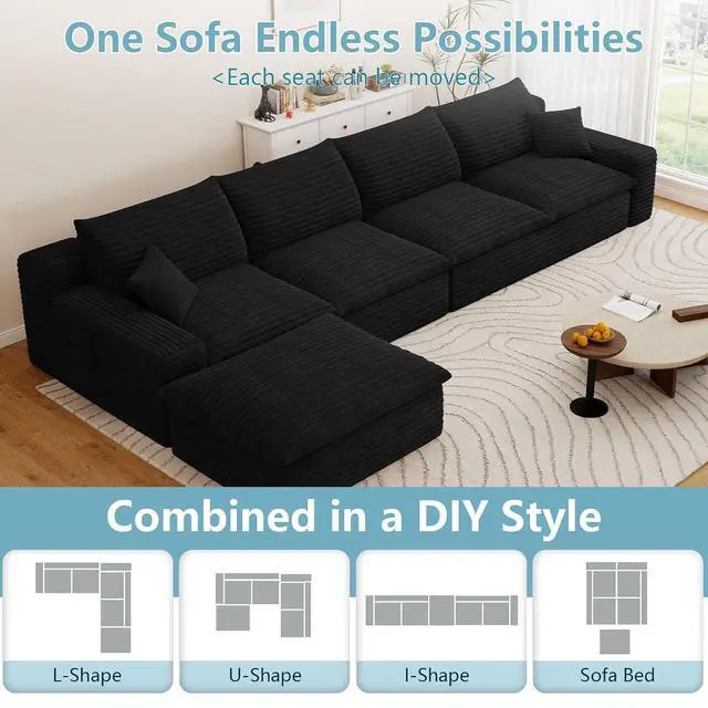 Alt view image 5 of 7 - 136" Cloud Sectional Couch with L-Shaped Chaise,4-Seater Corduroy Viral Boneless Sofa with Ottoman,Memory Foam Couches in a Box with Deep Seat for Living Room,No Assembly Required, Black