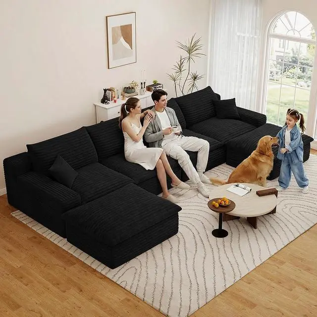 Alt view image 5 of 7 - 136" Cloud Sectional Couch with U-Shaped Chaise,4-Seater Corduroy Viral Boneless Sofa with Ottoman,Memory Foam Couches in a Box with Deep Seat for Living Room,No Assembly Required, Black