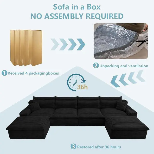 Alt view image 7 of 7 - 136" Cloud Sectional Couch with U-Shaped Chaise,4-Seater Corduroy Viral Boneless Sofa with Ottoman,Memory Foam Couches in a Box with Deep Seat for Living Room,No Assembly Required, Black