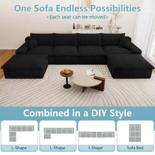 Alt view image 3 of 7 - 136" Cloud Sectional Couch with U-Shaped Chaise,4-Seater Corduroy Viral Boneless Sofa with Ottoman,Memory Foam Couches in a Box with Deep Seat for Living Room,No Assembly Required, Black