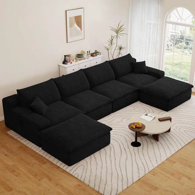 Main image of 136" Cloud Sectional Couch with U-Shaped Chaise,4-Seater Corduroy Viral Boneless Sofa with Ottoman,Memory Foam Couches in a Box with Deep Seat for Living Room,No Assembly Required, Black