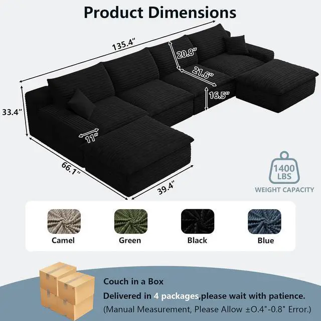 Alt view image 6 of 7 - 136" Cloud Sectional Couch with U-Shaped Chaise,4-Seater Corduroy Viral Boneless Sofa with Ottoman,Memory Foam Couches in a Box with Deep Seat for Living Room,No Assembly Required, Black