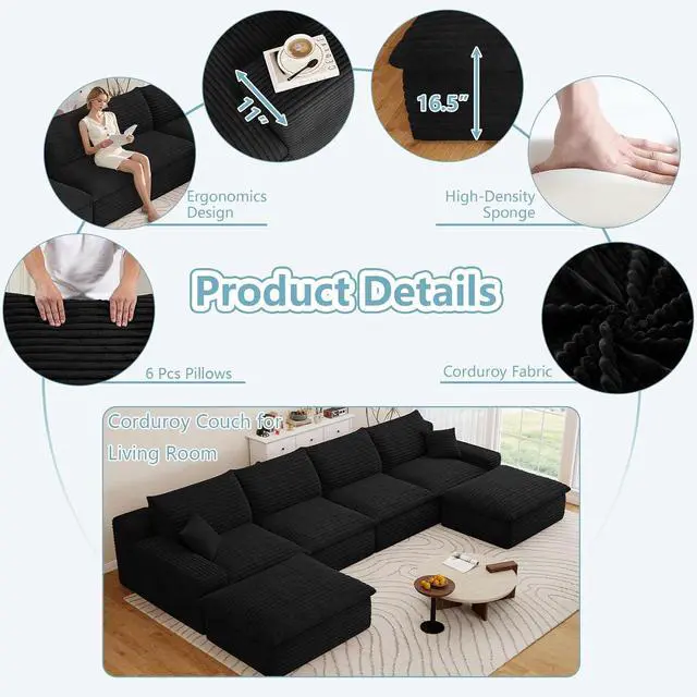 Alt view image 4 of 7 - 136" Cloud Sectional Couch with U-Shaped Chaise,4-Seater Corduroy Viral Boneless Sofa with Ottoman,Memory Foam Couches in a Box with Deep Seat for Living Room,No Assembly Required, Black