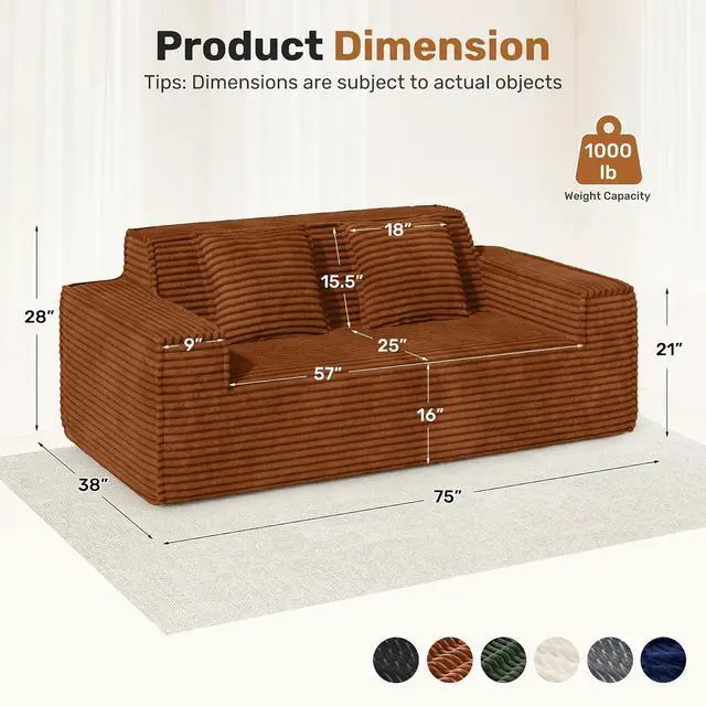 Alt view image 2 of 7 - 75'' Modern Cloud Loveseat Sofa Set of 2, No Assembly Required Comfy Deep Seat Couches 2 pcs for Living Room, Bedroom, Apartment (Corduroy-Brown)