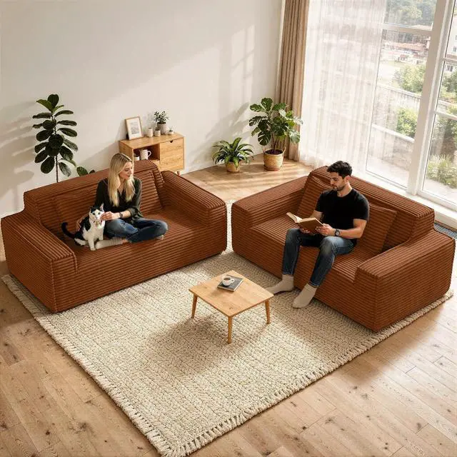 Alt view image 3 of 7 - 75'' Modern Cloud Loveseat Sofa Set of 2, No Assembly Required Comfy Deep Seat Couches 2 pcs for Living Room, Bedroom, Apartment (Corduroy-Brown)