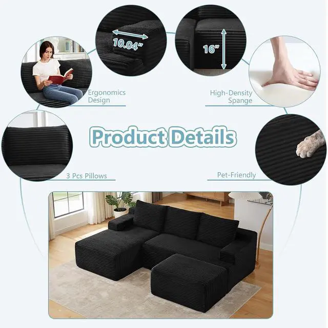 Alt view image 5 of 7 - 96" W Cloud Sectional Couch with Ottoman,Modern U-Shaped Cloud Couch with Side Pockets,Comfy Corduroy 3-Seater Sofa,Memory Foam Sofa for Living Room,No Assembly (Black,Right-Facing Chaise)