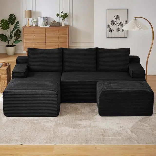 Alt view image 3 of 7 - 96" W Cloud Sectional Couch with Ottoman,Modern U-Shaped Cloud Couch with Side Pockets,Comfy Corduroy 3-Seater Sofa,Memory Foam Sofa for Living Room,No Assembly (Black,Left-Facing Chaise)