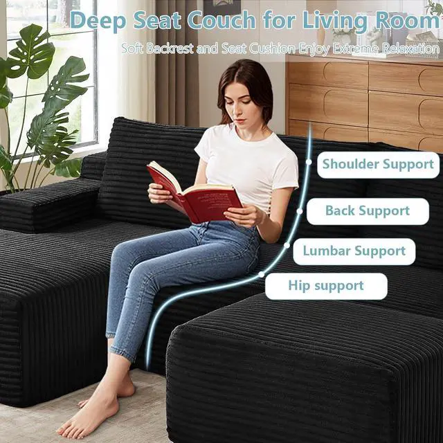 Alt view image 6 of 7 - 96" W Cloud Sectional Couch with Ottoman,Modern U-Shaped Cloud Couch with Side Pockets,Comfy Corduroy 3-Seater Sofa,Memory Foam Sofa for Living Room,No Assembly (Black,Left-Facing Chaise)