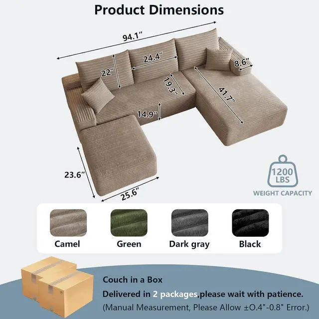 Alt view image 2 of 7 - 95" Cloud Sectional Couch with Ottoman,Modern U-Shaped Cloud Couch with Deep Seat,Comfy Corduroy 3-Seater Sofa,Memory Foam Sofa for Living Room,No Assembly (Camel,Right-Facing Chaise)
