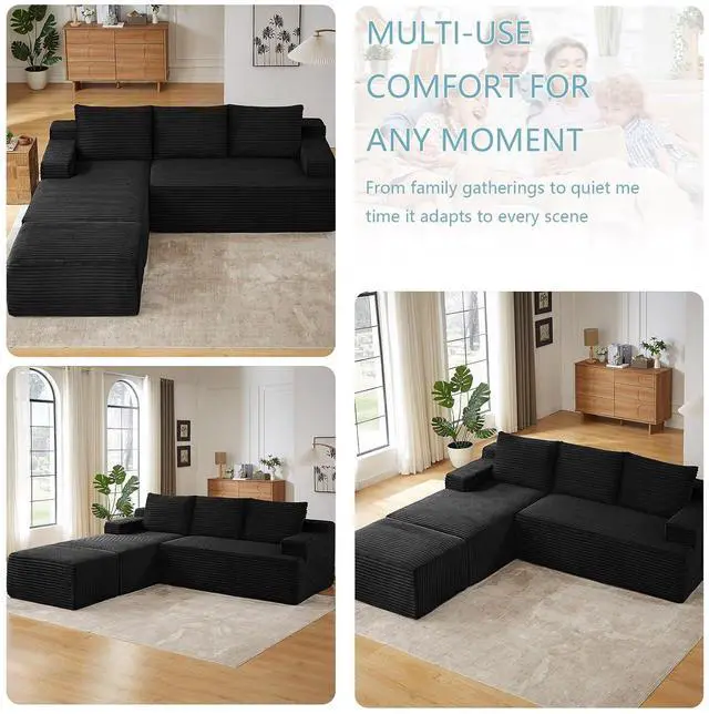 Alt view image 4 of 7 - 96" W Cloud Sectional Couch with Ottoman,Modern U-Shaped Cloud Couch with Side Pockets,Comfy Corduroy 3-Seater Sofa,Memory Foam Sofa for Living Room,No Assembly (Black,Left-Facing Chaise)