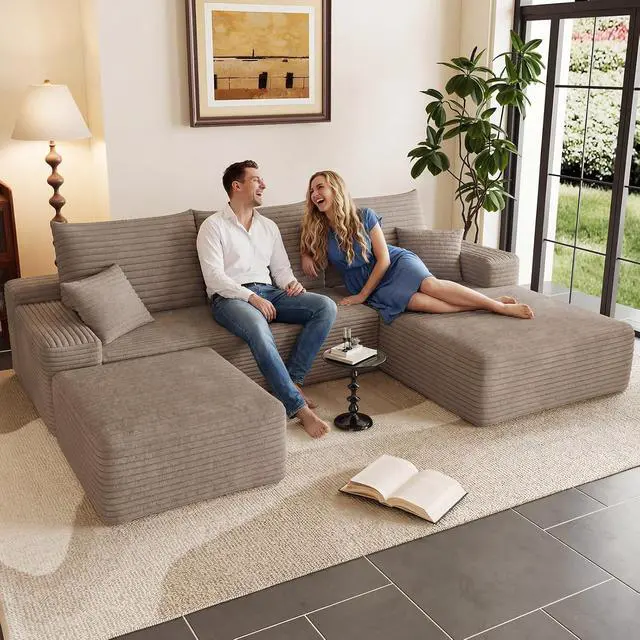 Alt view image 4 of 7 - 95" Cloud Sectional Couch with Ottoman,Modern U-Shaped Cloud Couch with Deep Seat,Comfy Corduroy 3-Seater Sofa,Memory Foam Sofa for Living Room,No Assembly (Camel,Right-Facing Chaise)