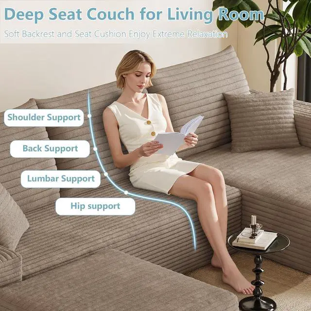 Alt view image 5 of 7 - 95" Cloud Sectional Couch with Ottoman,Modern U-Shaped Cloud Couch with Deep Seat,Comfy Corduroy 3-Seater Sofa,Memory Foam Sofa for Living Room,No Assembly (Camel,Right-Facing Chaise)