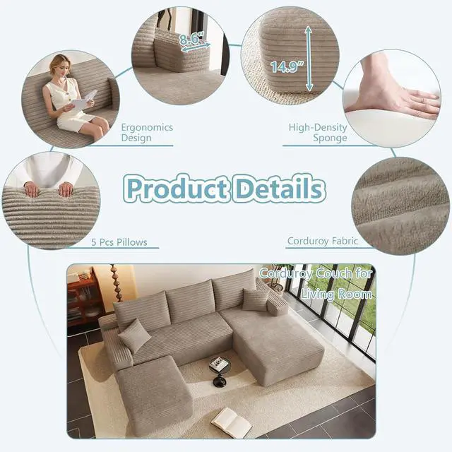 Alt view image 3 of 7 - 95" Cloud Sectional Couch with Ottoman,Modern U-Shaped Cloud Couch with Deep Seat,Comfy Corduroy 3-Seater Sofa,Memory Foam Sofa for Living Room,No Assembly (Camel,Right-Facing Chaise)