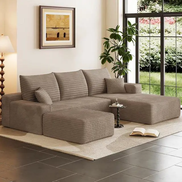 Main image of 95" Cloud Sectional Couch with Ottoman,Modern U-Shaped Cloud Couch with Deep Seat,Comfy Corduroy 3-Seater Sofa,Memory Foam Sofa for Living Room,No Assembly (Camel,Right-Facing Chaise)