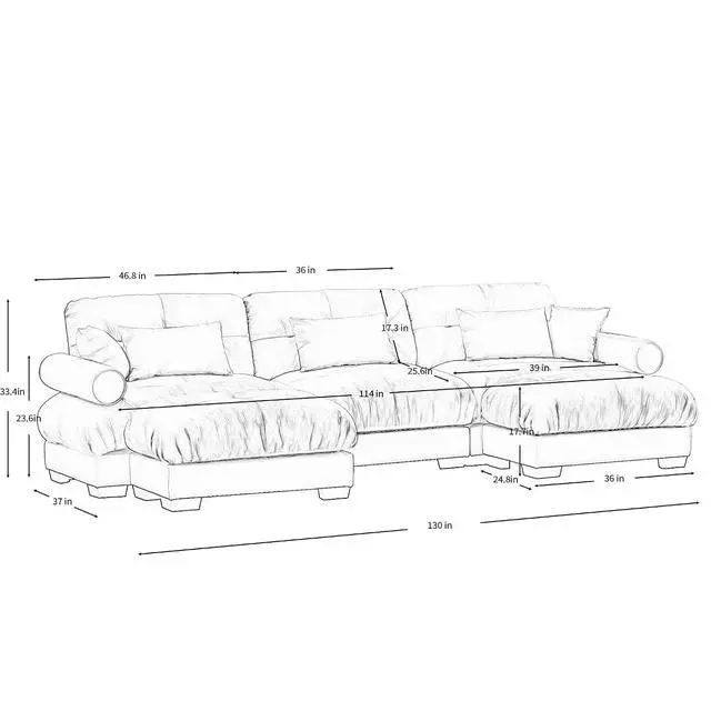 Alt view image 2 of 6 - 130"W Modular Sectional Sofa with 2 Ottomans, Oversized 3-Seater Couch with Waist & Throw Pillows,Comfy Velvet Deep Seat Upholstered Sofa for Living Room & Bedroom (Cream, 3-Seater with Ottomans)