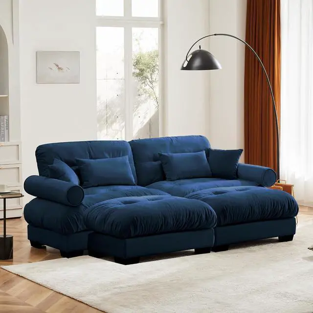 Alt view image 6 of 6 - 93.7" Oversized Loveseat Sofa with 2 Ottomans, Modern Velvet 2-Seat Couch with Waist & Throw Pillows, Upholstered Deep Seat Cloud Couch for Living Room, Bedroom(Blue,2 Seater with 2 Ottomans)