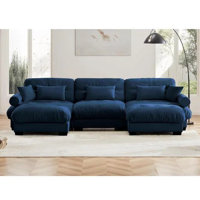 Alt view image 3 of 6 - 130"W Modular Sectional Sofa with 2 Ottomans, Oversized 3-Seater Couch with Waist & Throw Pillows, Comfy Velvet Deep Seat Upholstered Sofa for Living Room & Bedroom (Blue, 3-Seater with Ottomans)