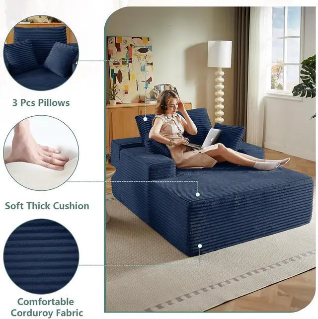 Alt view image 3 of 7 - 50" Oversized Chaise Lounge Chair Indoor,Corduroy Boneless Reading Chair with 3 Pillows,Deep Seat Cloud Sofa Bed,Comfy Modern Sleeper Chairs in Box for Living Room Bedroom,No Assembly(Blue)