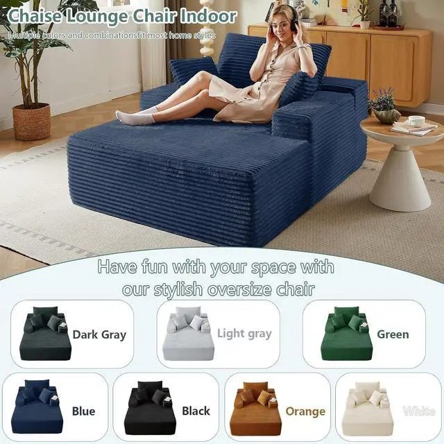 Alt view image 5 of 7 - 50" Oversized Chaise Lounge Chair Indoor,Corduroy Boneless Reading Chair with 3 Pillows,Deep Seat Cloud Sofa Bed,Comfy Modern Sleeper Chairs in Box for Living Room Bedroom,No Assembly(Blue)
