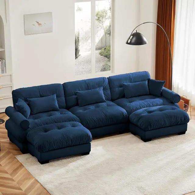 Main image of 130"W Modular Sectional Sofa with 2 Ottomans, Oversized 3-Seater Couch with Waist & Throw Pillows, Comfy Velvet Deep Seat Upholstered Sofa for Living Room & Bedroom (Blue, 3-Seater with Ottomans)