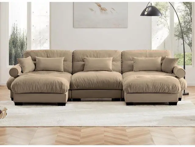 Alt view image 3 of 6 - 130"W Modular Sectional Sofa with 2 Ottomans, Oversized 3-Seater Couch with Waist & Throw Pillows, Comfy Velvet Deep Seat Upholstered Sofa for Living Room & Bedroom(Camel, 3-Seater with Ottomans)