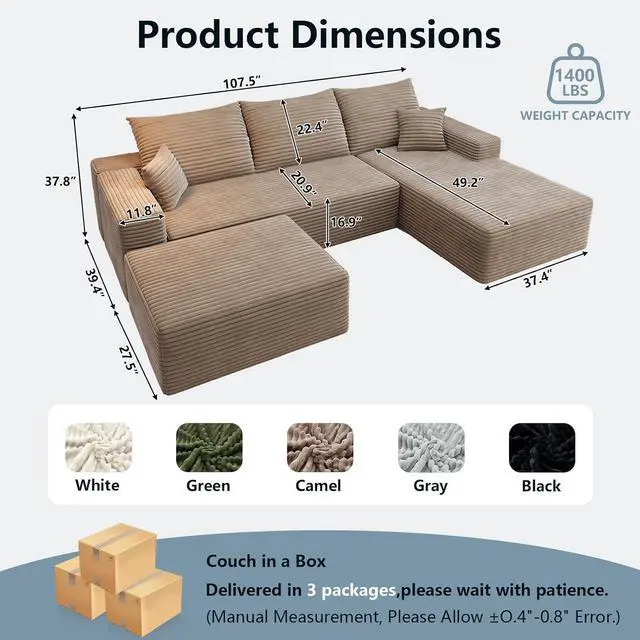 Alt view image 2 of 7 - 107" U Shaped Cloud Sectional Couch with Fluffy Corduroy, Deep Memory Foam Seats Sofa with 1 Ottoman for Living Room, No Assembly Required(Camel,Right-Facing Chaise)