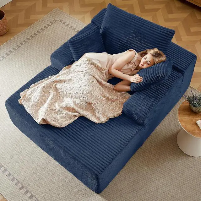 Main image of 50" Oversized Chaise Lounge Chair Indoor,Corduroy Boneless Reading Chair with 3 Pillows,Deep Seat Cloud Sofa Bed,Comfy Modern Sleeper Chairs in Box for Living Room Bedroom,No Assembly(Blue)