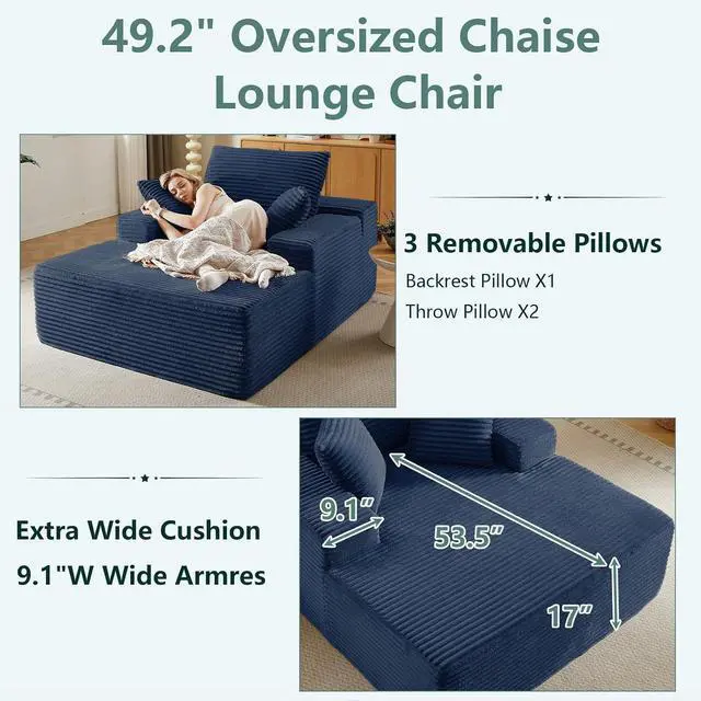 Alt view image 4 of 7 - 50" Oversized Chaise Lounge Chair Indoor,Corduroy Boneless Reading Chair with 3 Pillows,Deep Seat Cloud Sofa Bed,Comfy Modern Sleeper Chairs in Box for Living Room Bedroom,No Assembly(Blue)