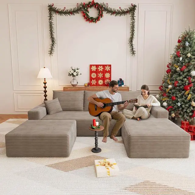 Alt view image 3 of 7 - 107" U Shaped Cloud Sectional Couch with Fluffy Corduroy, Deep Memory Foam Seats Sofa with 1 Ottoman for Living Room, No Assembly Required(Camel,Right-Facing Chaise)