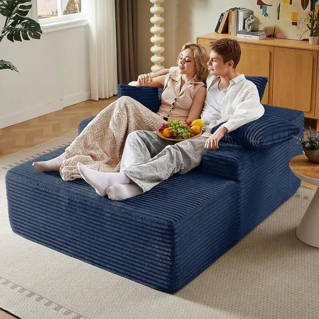 Alt view image 6 of 7 - 50" Oversized Chaise Lounge Chair Indoor,Corduroy Boneless Reading Chair with 3 Pillows,Deep Seat Cloud Sofa Bed,Comfy Modern Sleeper Chairs in Box for Living Room Bedroom,No Assembly(Blue)