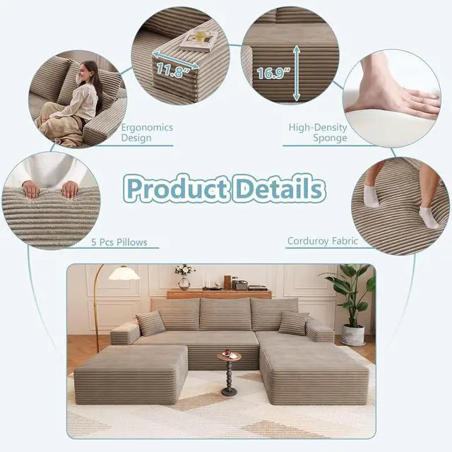 Alt view image 5 of 7 - 107" U Shaped Cloud Sectional Couch with Fluffy Corduroy, Deep Memory Foam Seats Sofa with 1 Ottoman for Living Room, No Assembly Required(Camel,Right-Facing Chaise)